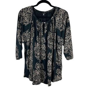Lucky Brand Plus Size Boho Print Top Black with Tan Design Quarter Sleeves‎ 3X